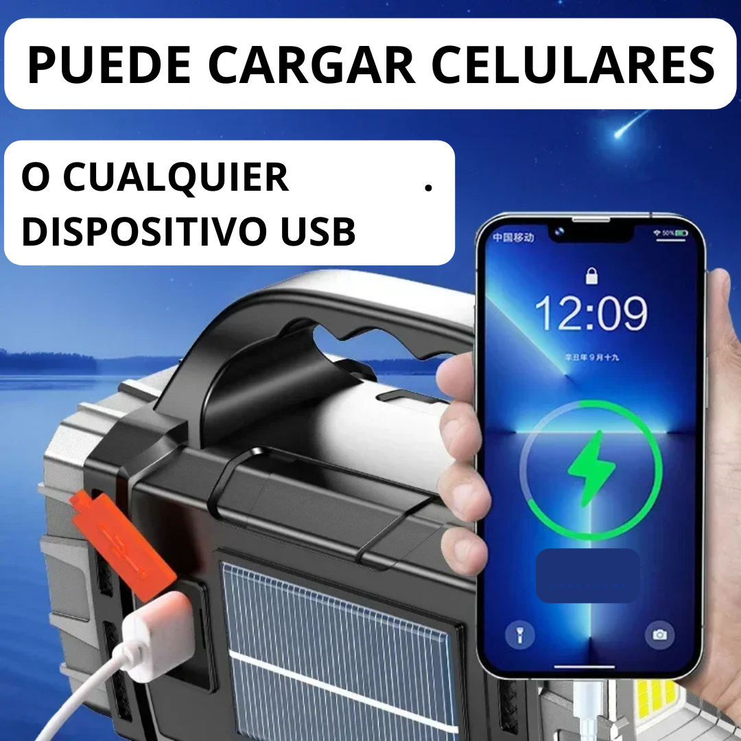 Linterna Multifuncional con Carga Solar (Batería Solar + Cargador Celular)