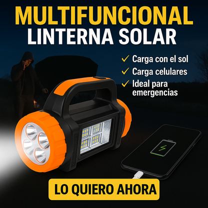 Linterna Multifuncional con Carga Solar (Batería Solar + Cargador Celular)