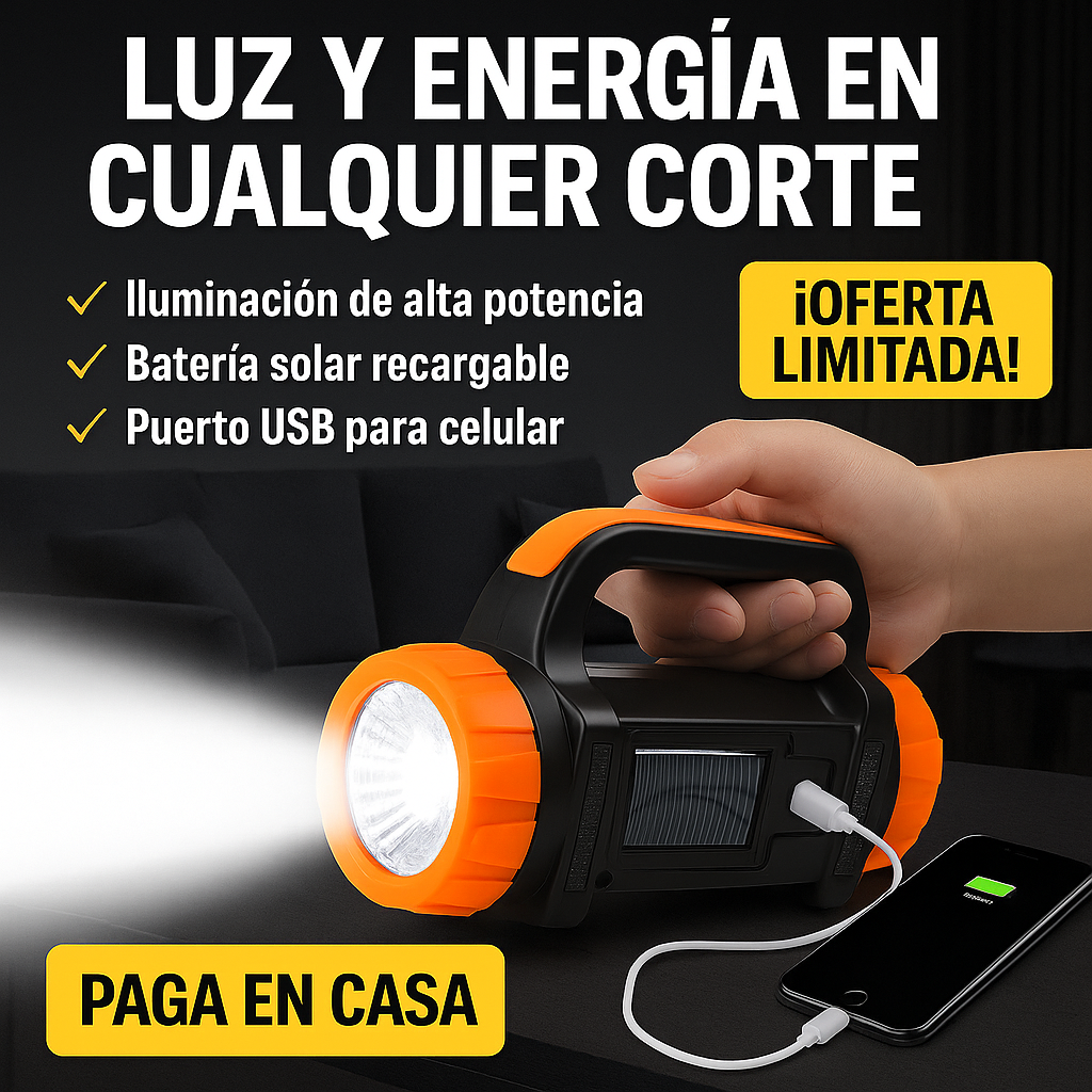 Linterna Multifuncional con Carga Solar (Batería Solar + Cargador Celular)